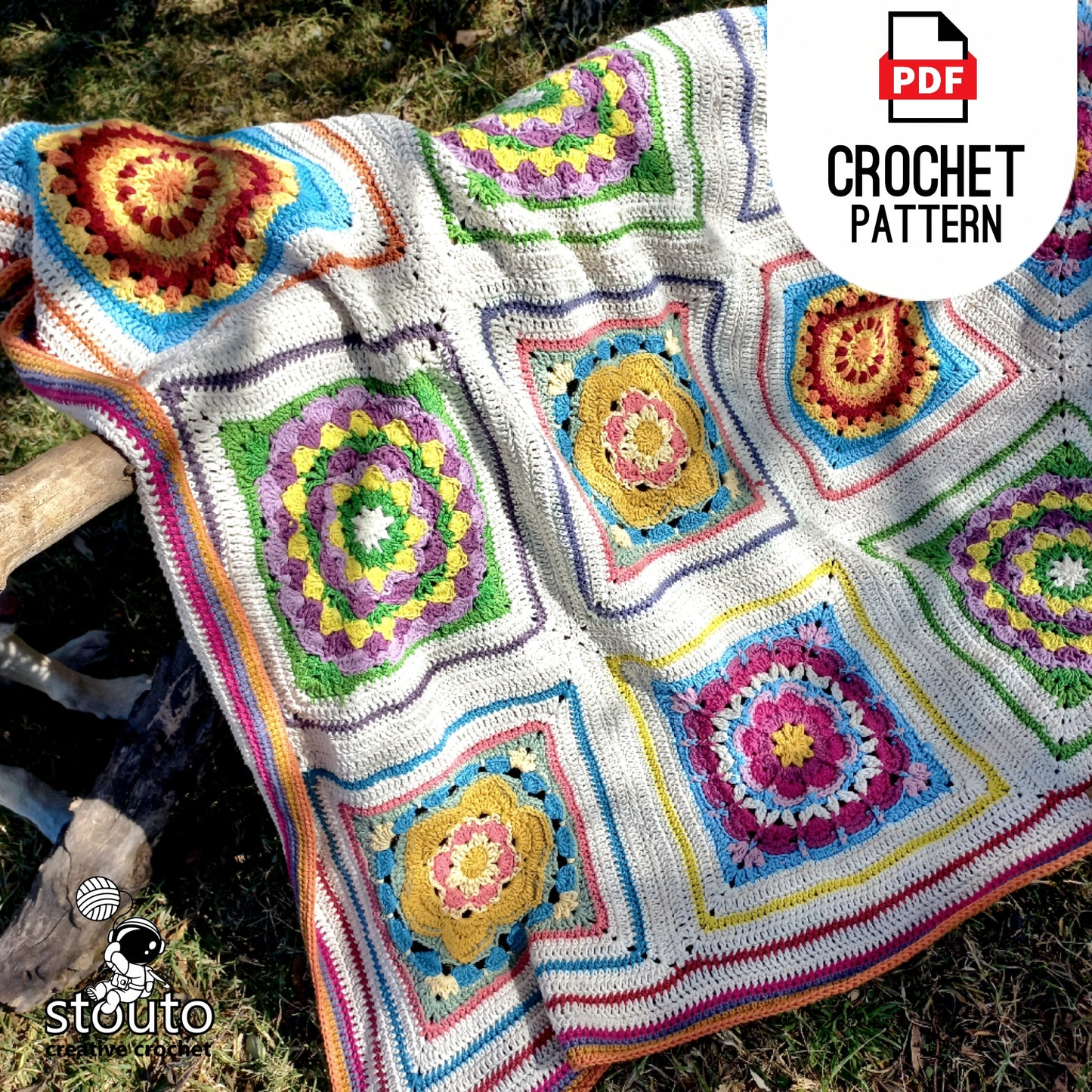 Crochet Blanket Pattern - Boxed Floral Crochet Squares Lapghan PDF Pattern