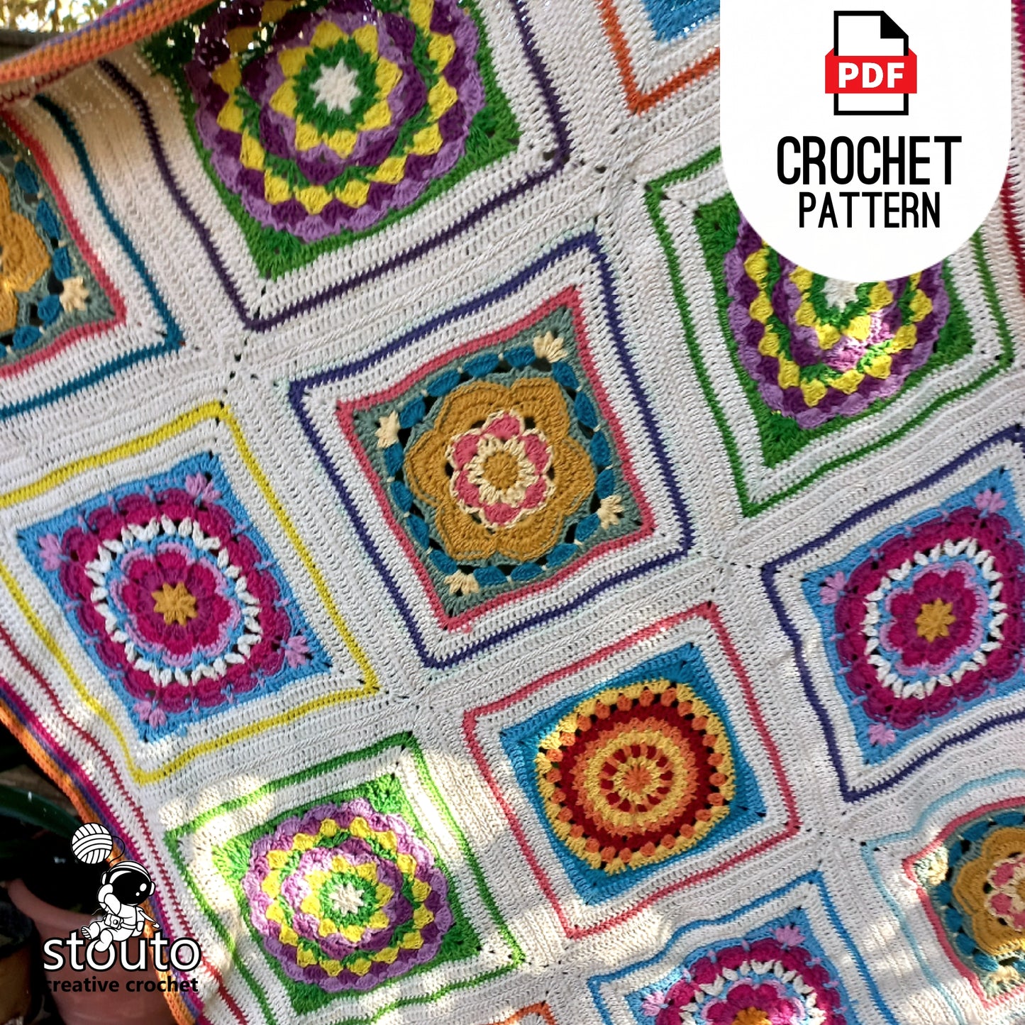Crochet Afghan - Boxed Floral Crochet Squares Lapghan PDF Pattern