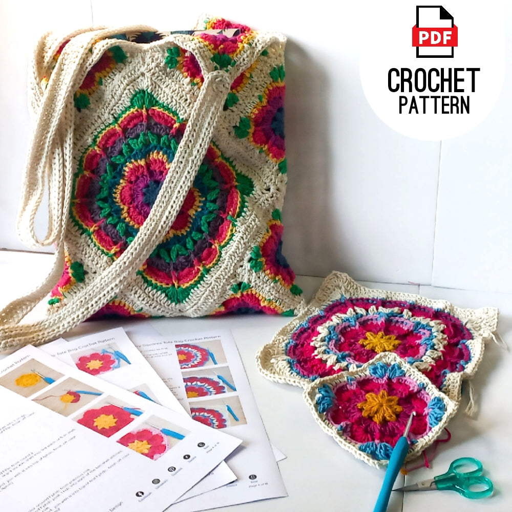 Crochet Tote bag Crazy Daisy Flower Squares Crochet Pattern, Digital Download Pattern