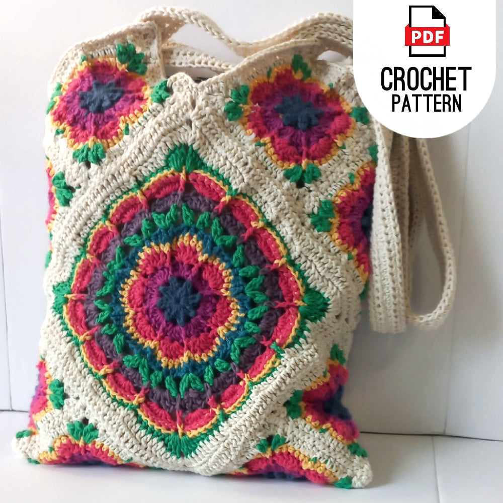 Crochet Tote bag Crazy Daisy Flower Squares Crochet Pattern, Digital Download Pattern