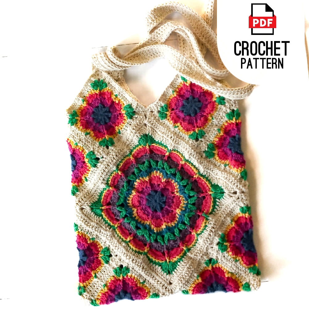 Crochet Tote bag Crazy Daisy Flower Squares Crochet Pattern, Digital Download Pattern